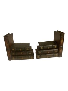 Vintage Faux-Book Home Interior Bookend Pair in Dark Brown with Gold Accents